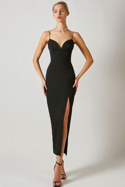 Women's Spaghetti Strap Deep V Neck Bodycon Slit Evening Party Dress