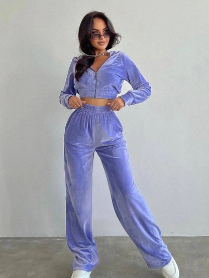 Velvet Two Piece Sport Pant Cropped Zip up Hoodie Sets