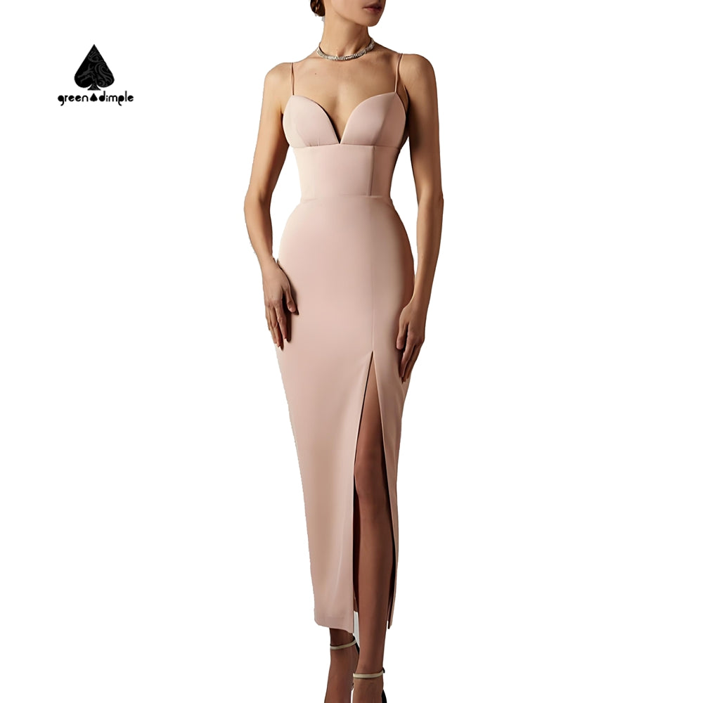 Women's Spaghetti Strap Deep V Neck Bodycon Slit Evening Party Dress