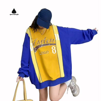 Women Color Block Patchwork Graphic Print Oversized Sweatshirt
