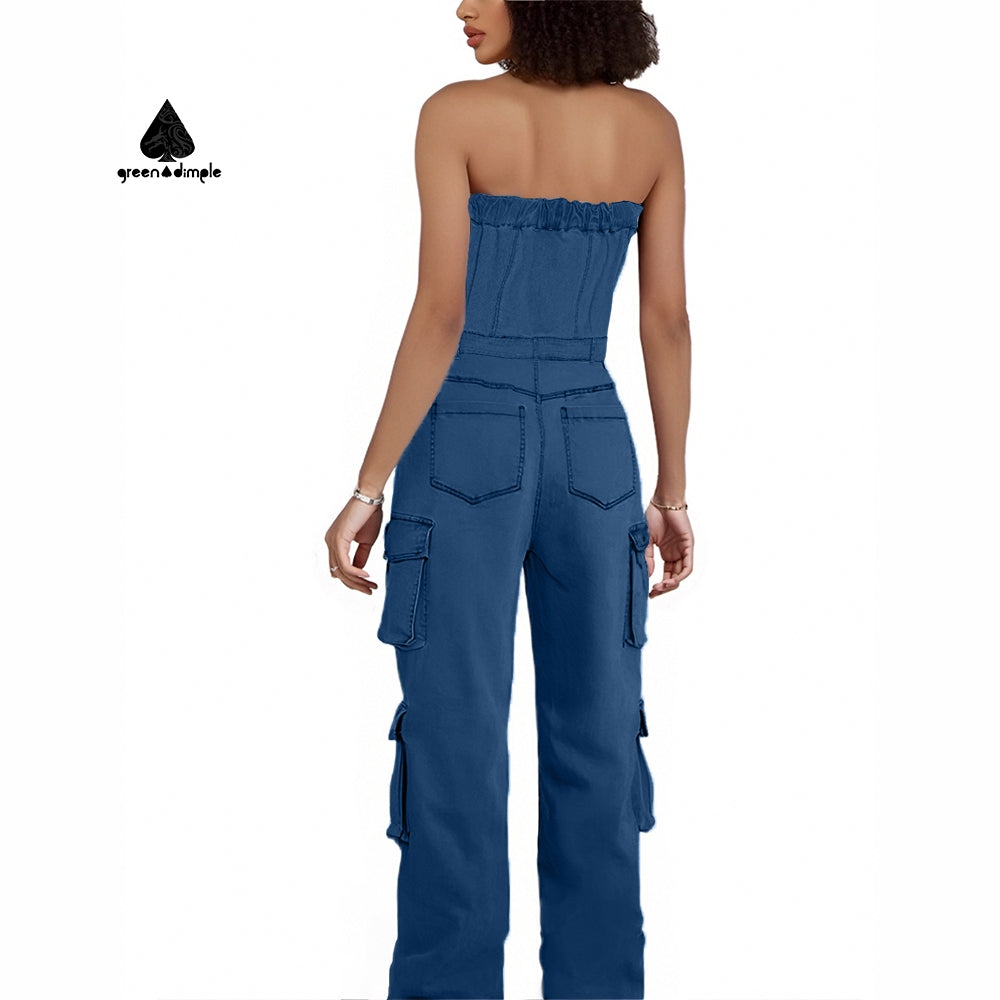 Original design lady off shoulder heavy denim jumpsuit