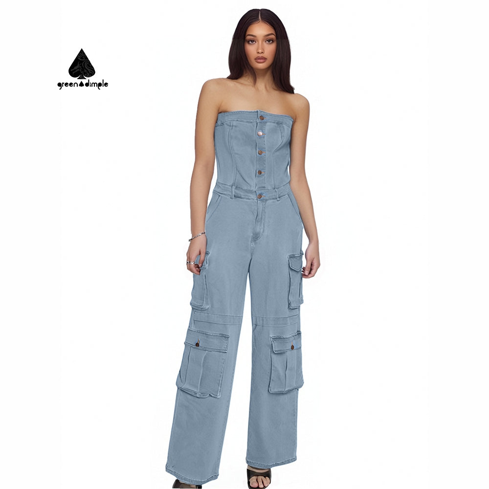 Original design lady off shoulder heavy denim jumpsuit