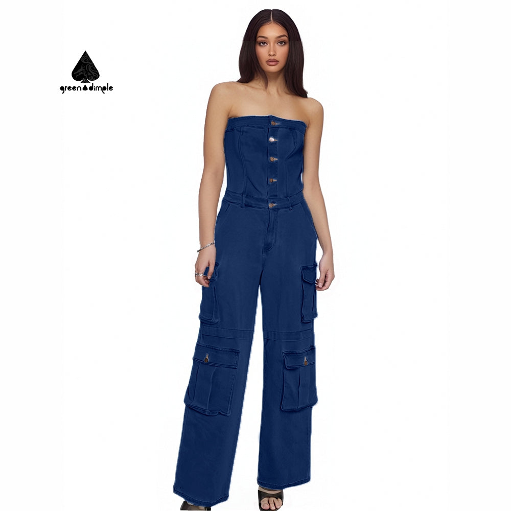 Original design lady off shoulder heavy denim jumpsuit