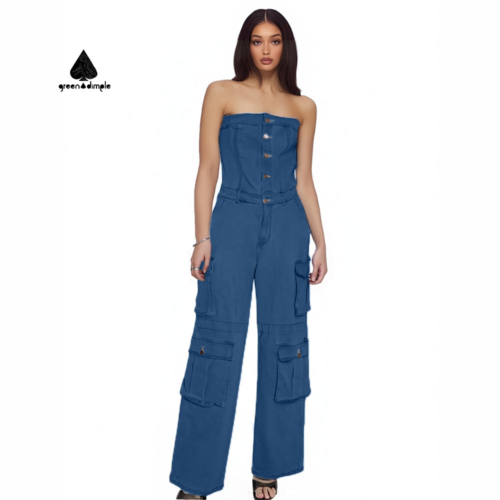 Original design lady off shoulder heavy denim jumpsuit