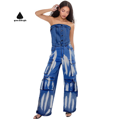 Plus size Strapless Multi Pockets Women Denim Jumpsuit