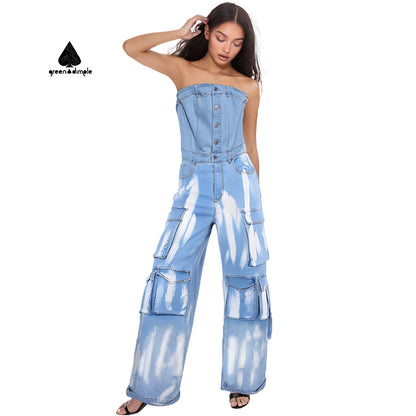 Loose style Fashion distressed denim baggy Jumpsuit