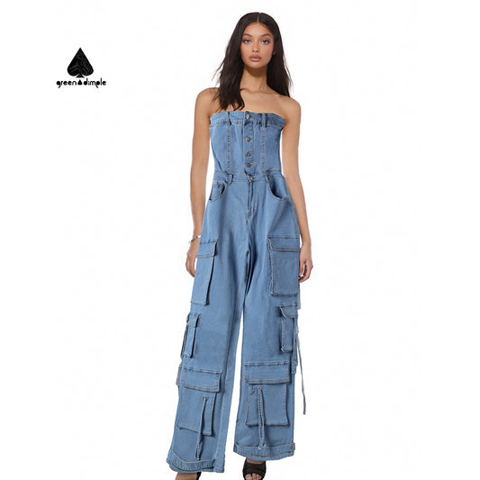 Streetwear One Piece off shoulder Jean Jumpsuits