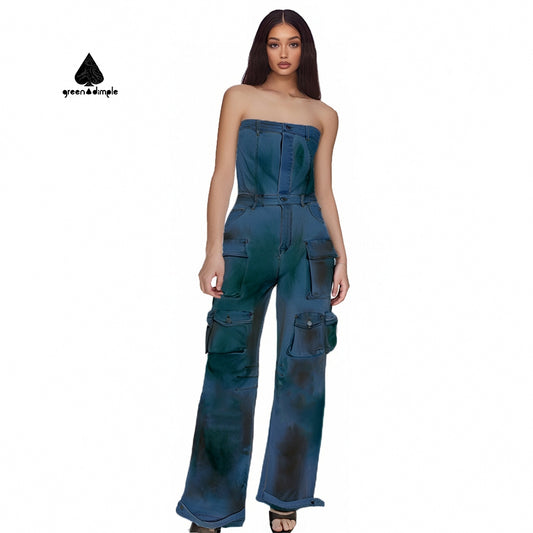 Street Wear Transparent sling Acid Wash Denim High Waist Cargo Jumpsuits