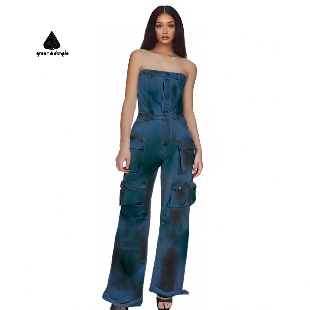 Over size CAMO Strapless Off Shoulder Denim Jumpsuit