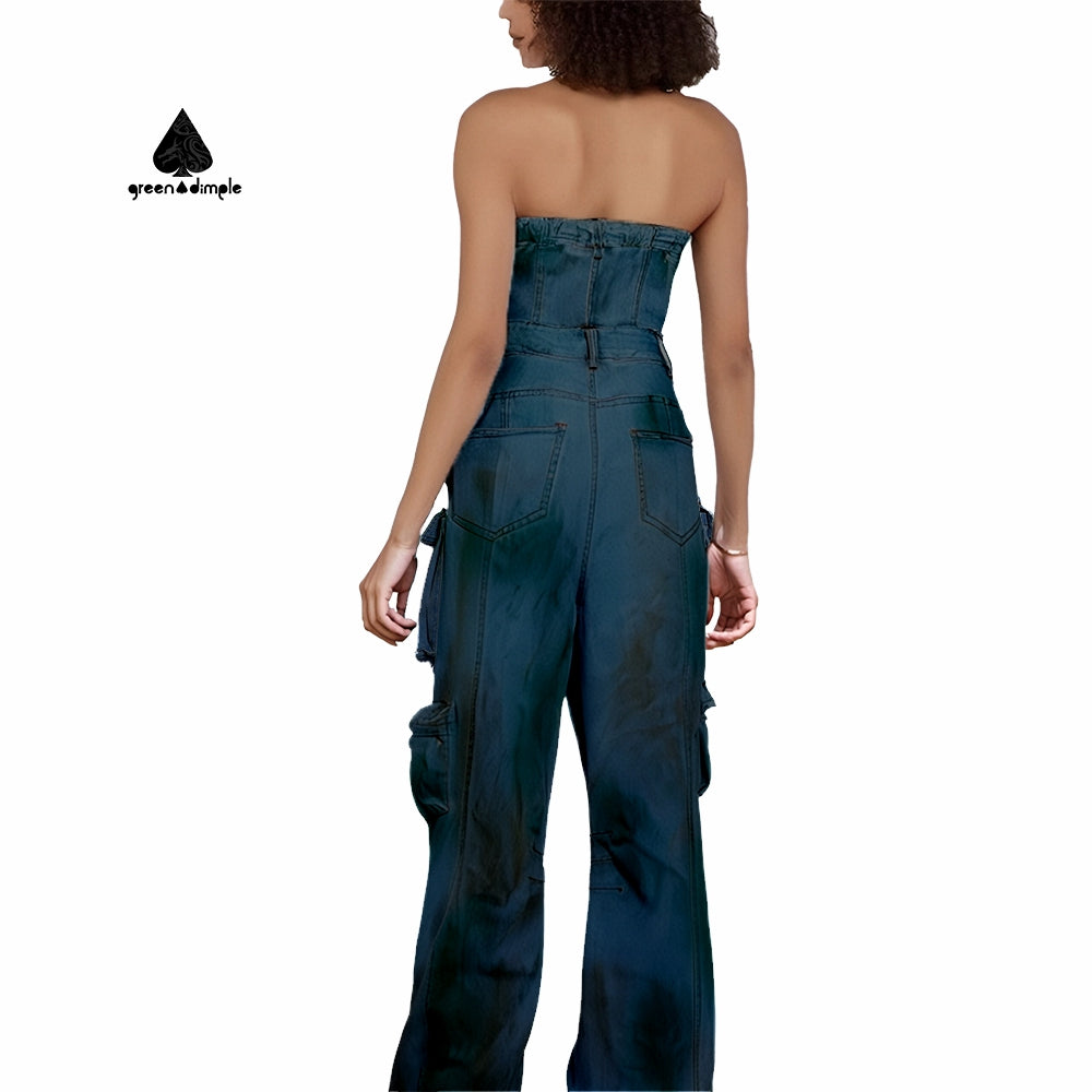 Street Wear Transparent sling Acid Wash Denim High Waist Cargo Jumpsuits