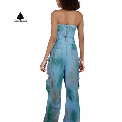 Street Wear Transparent sling Acid Wash Denim High Waist Cargo Jumpsuits