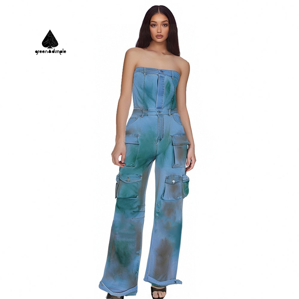 Street Wear Transparent sling Acid Wash Denim High Waist Cargo Jumpsuits