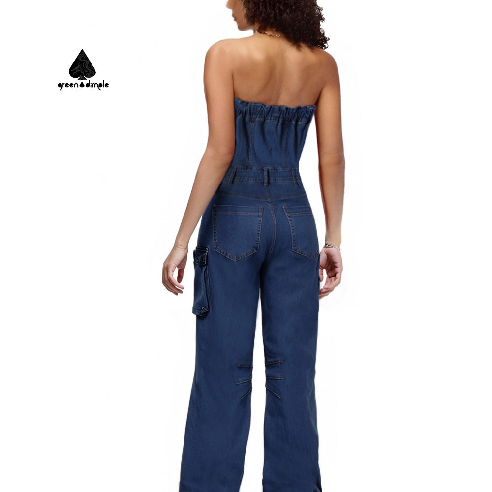 Fashion Trending Multi-Pocket Cargo Denim Jumpsuit