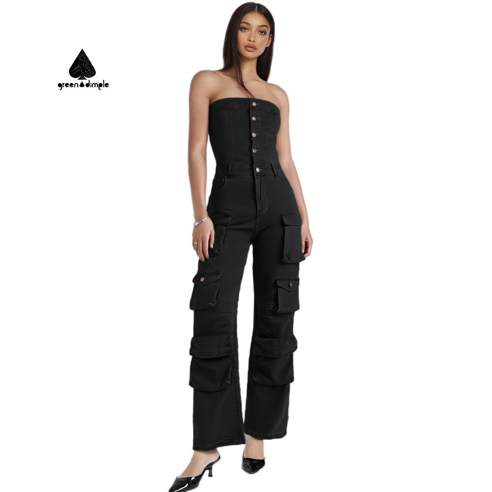 Fashion Trending Multi-Pocket Cargo Denim Jumpsuit