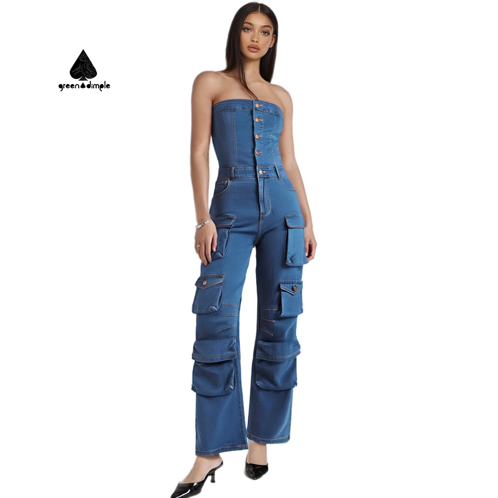 Fashion Trending Multi-Pocket Cargo Denim Jumpsuit