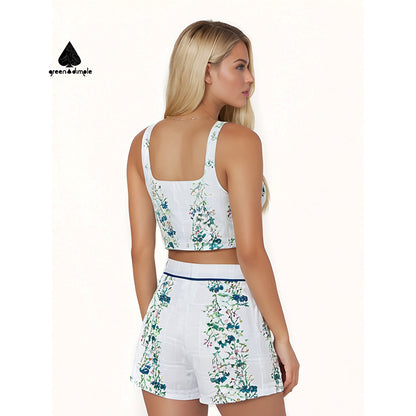 Floral breathable Tank Crop vest and short Pant 2 pieces casual clothing Sets