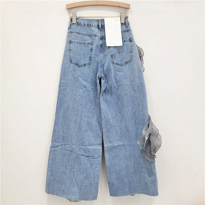 Women's  Elegant High Waist Straight Leg Jeans with Flower Decoration