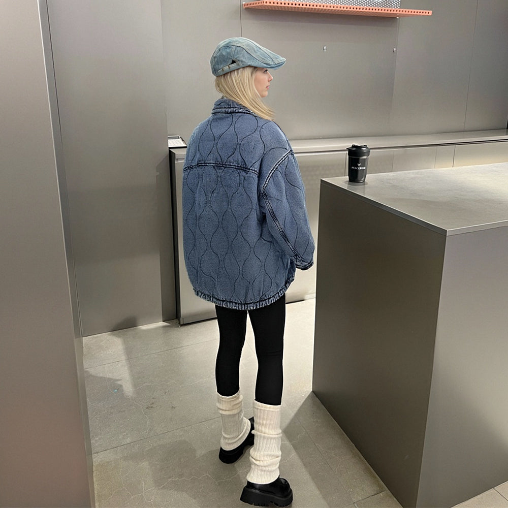 Custom Women's Button up Washed Denim Cozy Coat Winter Jacket