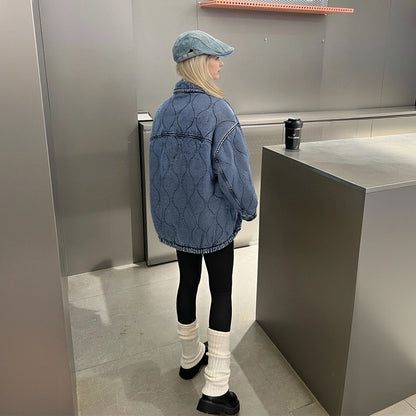 Custom Women's Button up Washed Denim Cozy Coat Winter Jacket