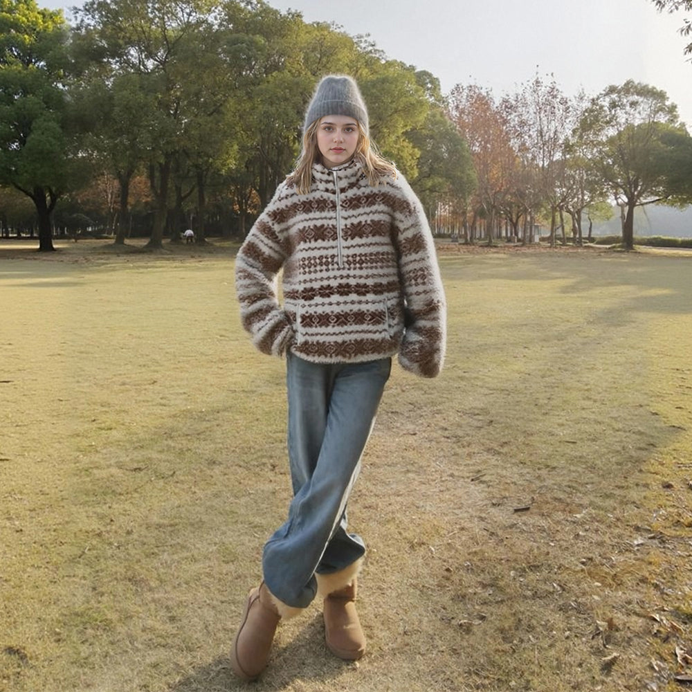 Winter Women Warm Half Zip Stand Collar Kangaroo Pocket Warm Fleece Sweater
