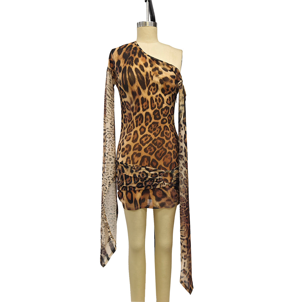 Women Sexy Slash Leopard Night Club Party Bodycon Mini Dress