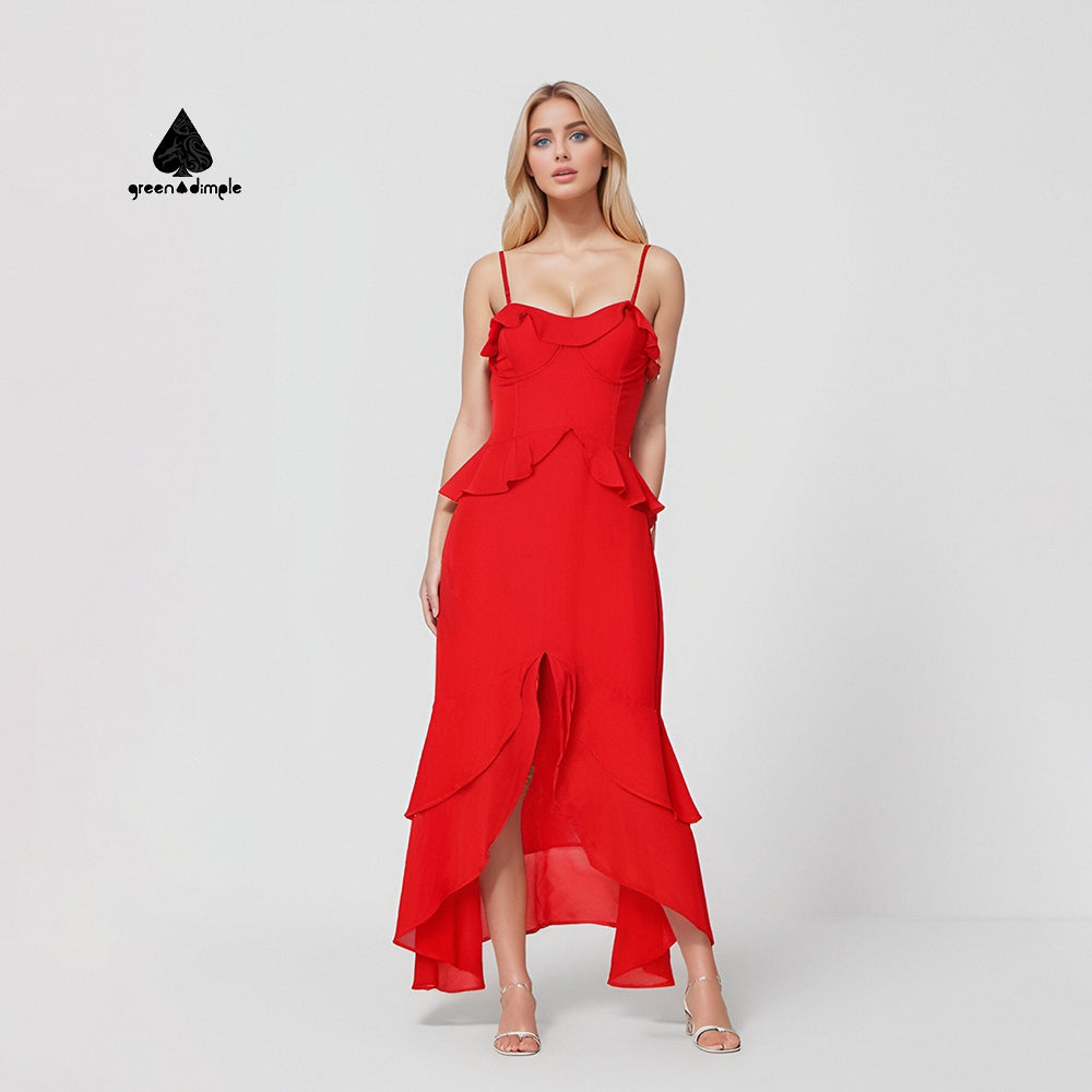 Summer Red Chiffon Ruffle Maxi Fashion Dresses For Ladies