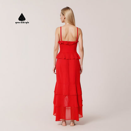 Summer Red Chiffon Ruffle Maxi Fashion Dresses For Ladies