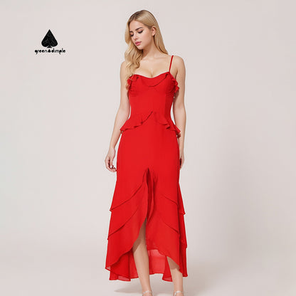 Summer Red Chiffon Ruffle Maxi Fashion Dresses For Ladies