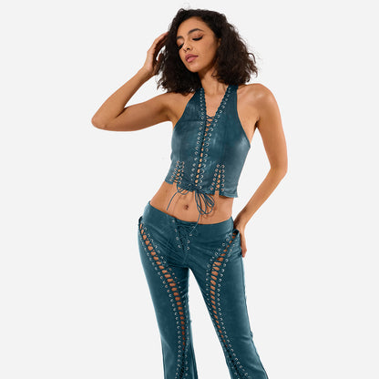 Y2K PU leather Vest Crop Top and flare pants set with eyelet