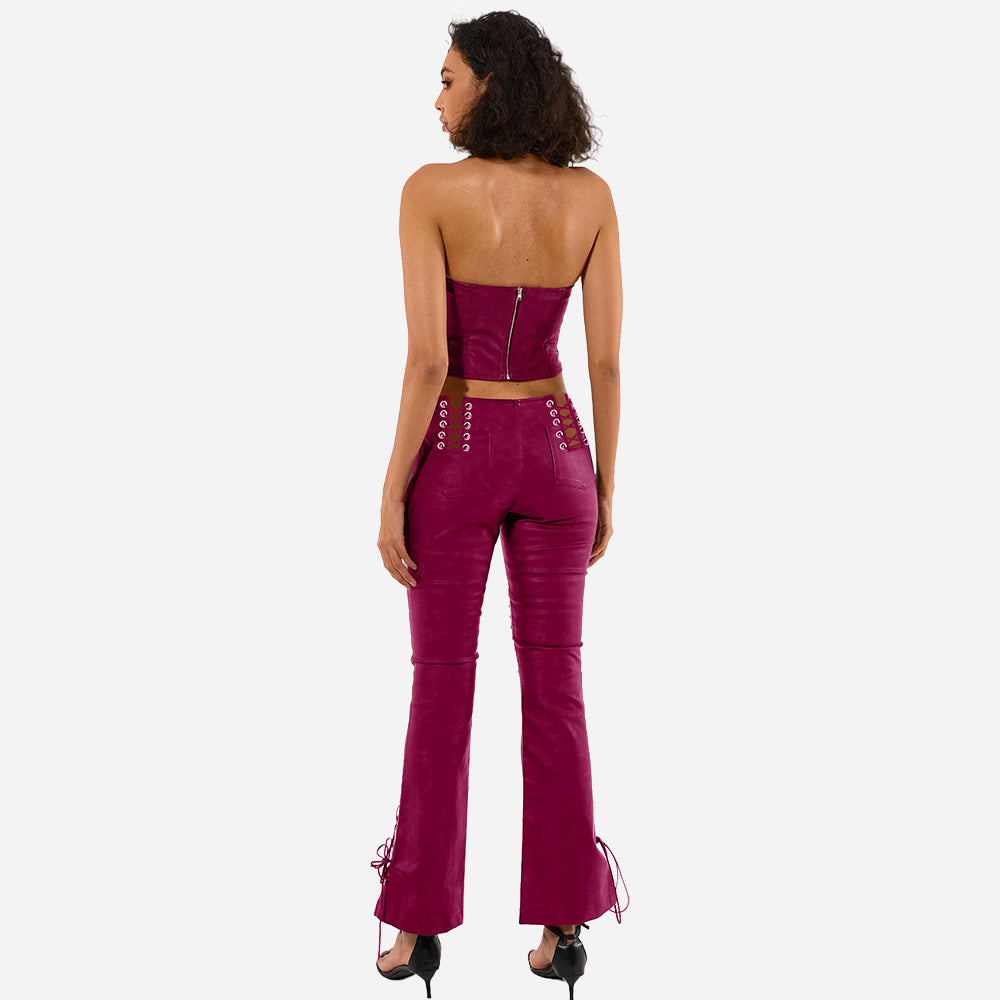 Y2K PU leather Vest Crop Top and flare pants set with eyelet