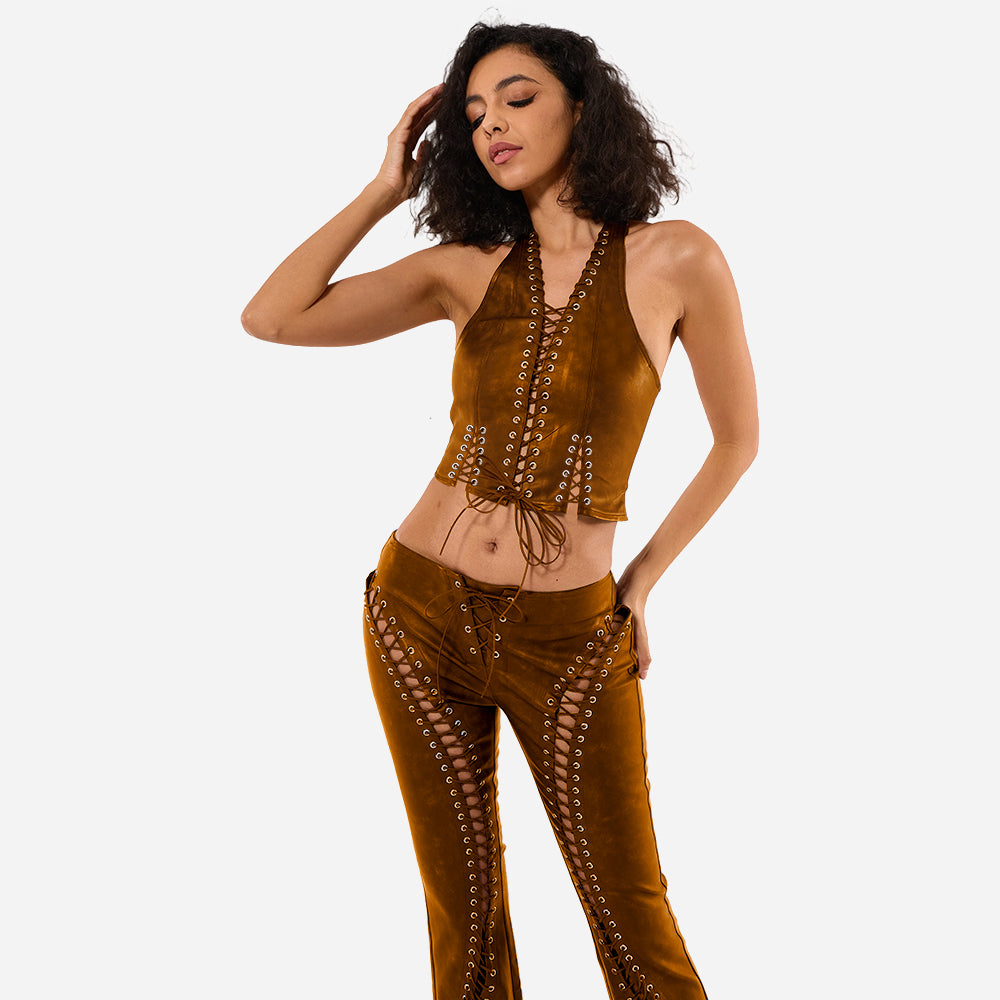 Y2K PU leather Vest Crop Top and flare pants set with eyelet