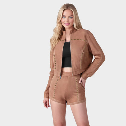 Original design Suede zipper jacket and short pants casual set