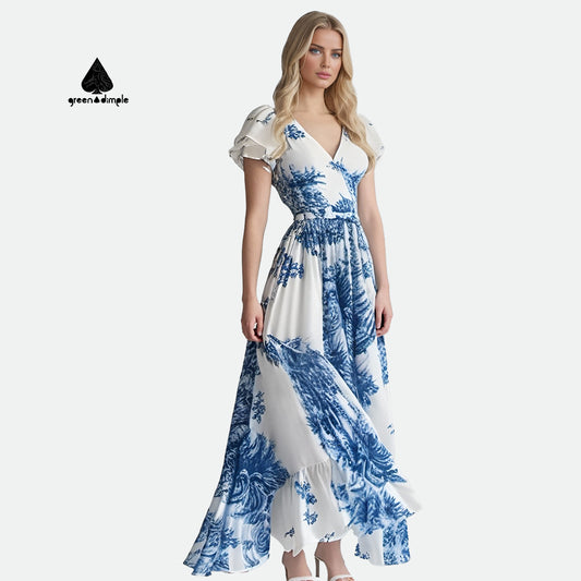 Stylish floral print chiffon fall elegant maxi casual dress