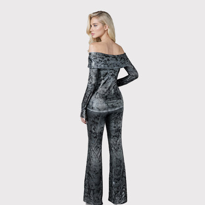 Foiled silver tube top and flare pants set