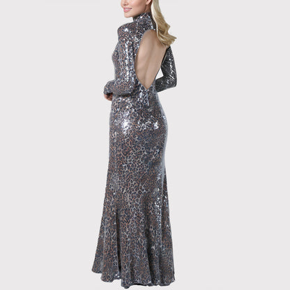 Leopard and sequined long party dress