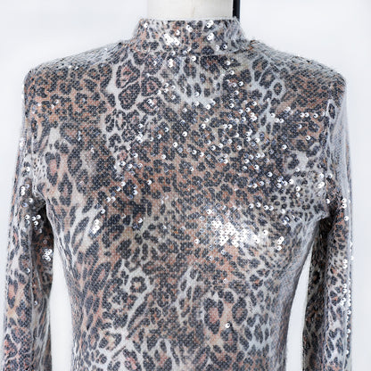 Leopard and sequined long party dress