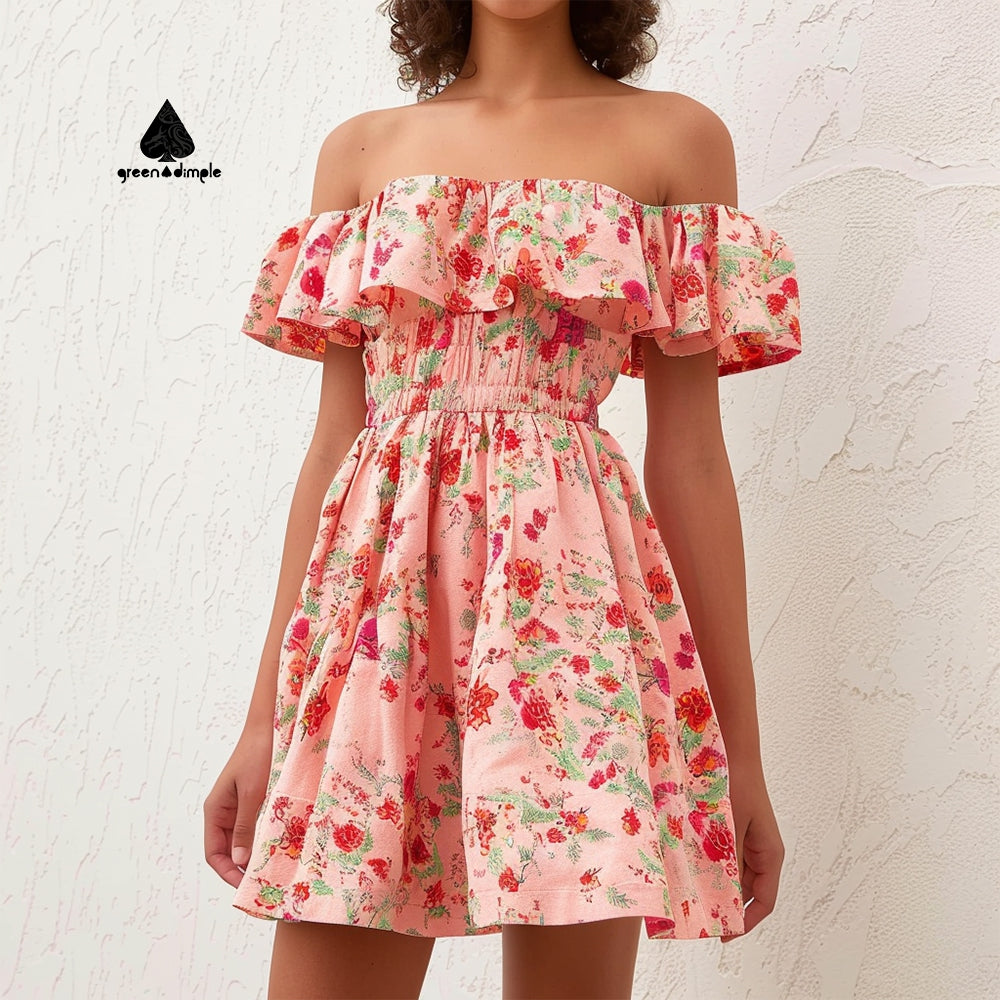 Floral Printed elastic waist ladies summer Cute red short Casual Dresses