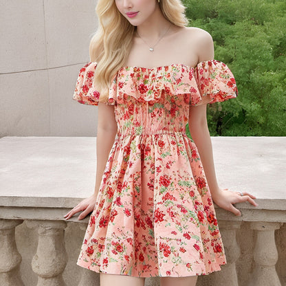 Floral Printed elastic waist ladies summer Cute red short Casual Dresses