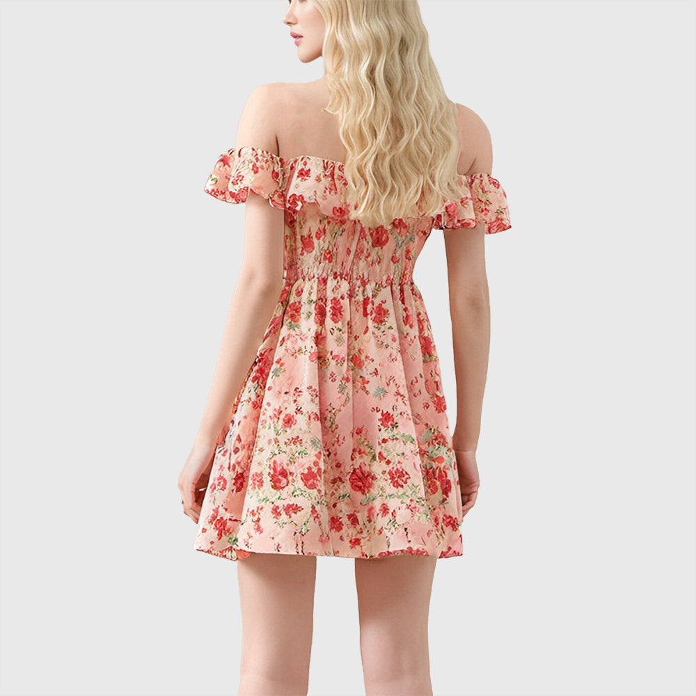 Floral Printed elastic waist ladies summer Cute red short Casual Dresses