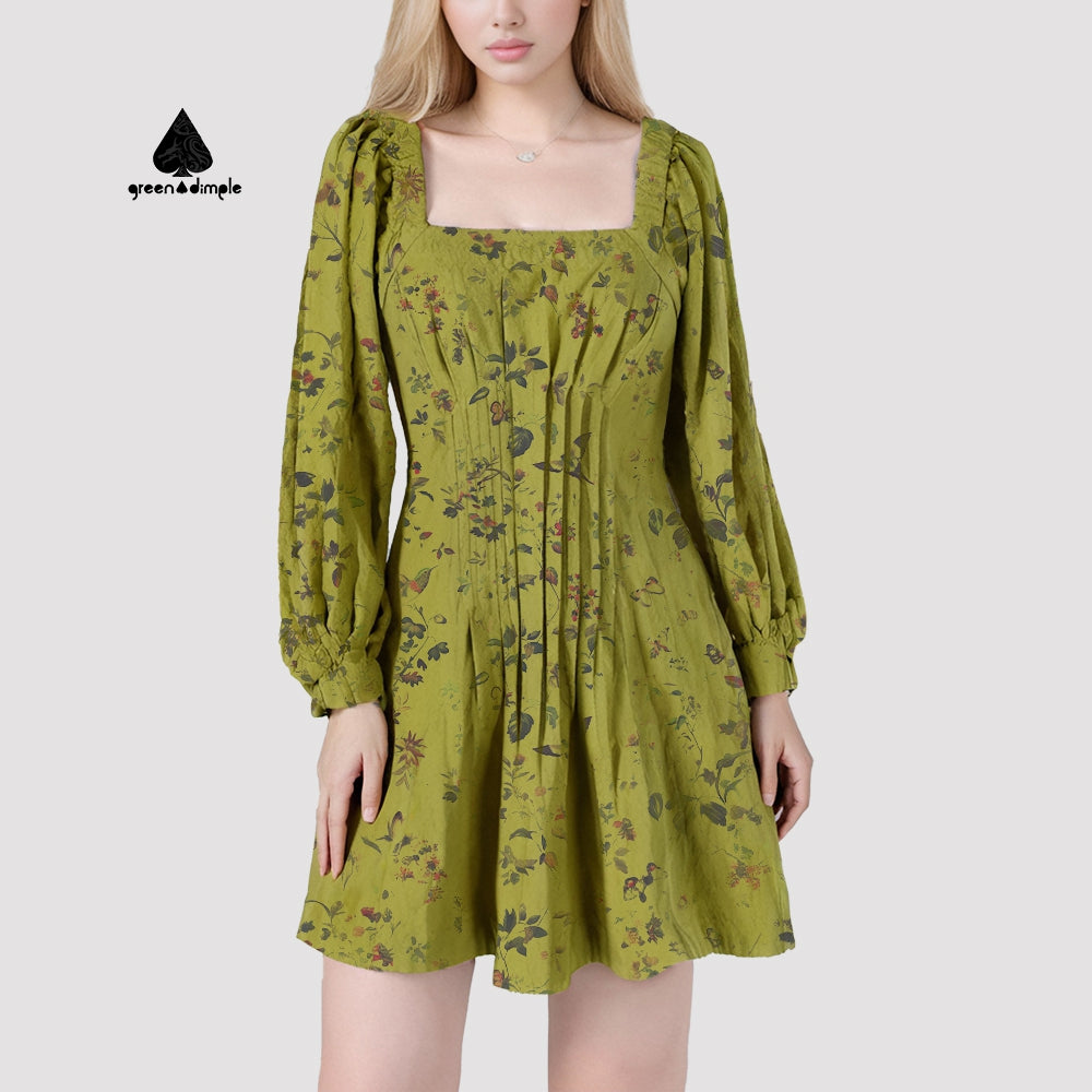 Long Sleeve smocked green floral Floral Short pleated casual Dress