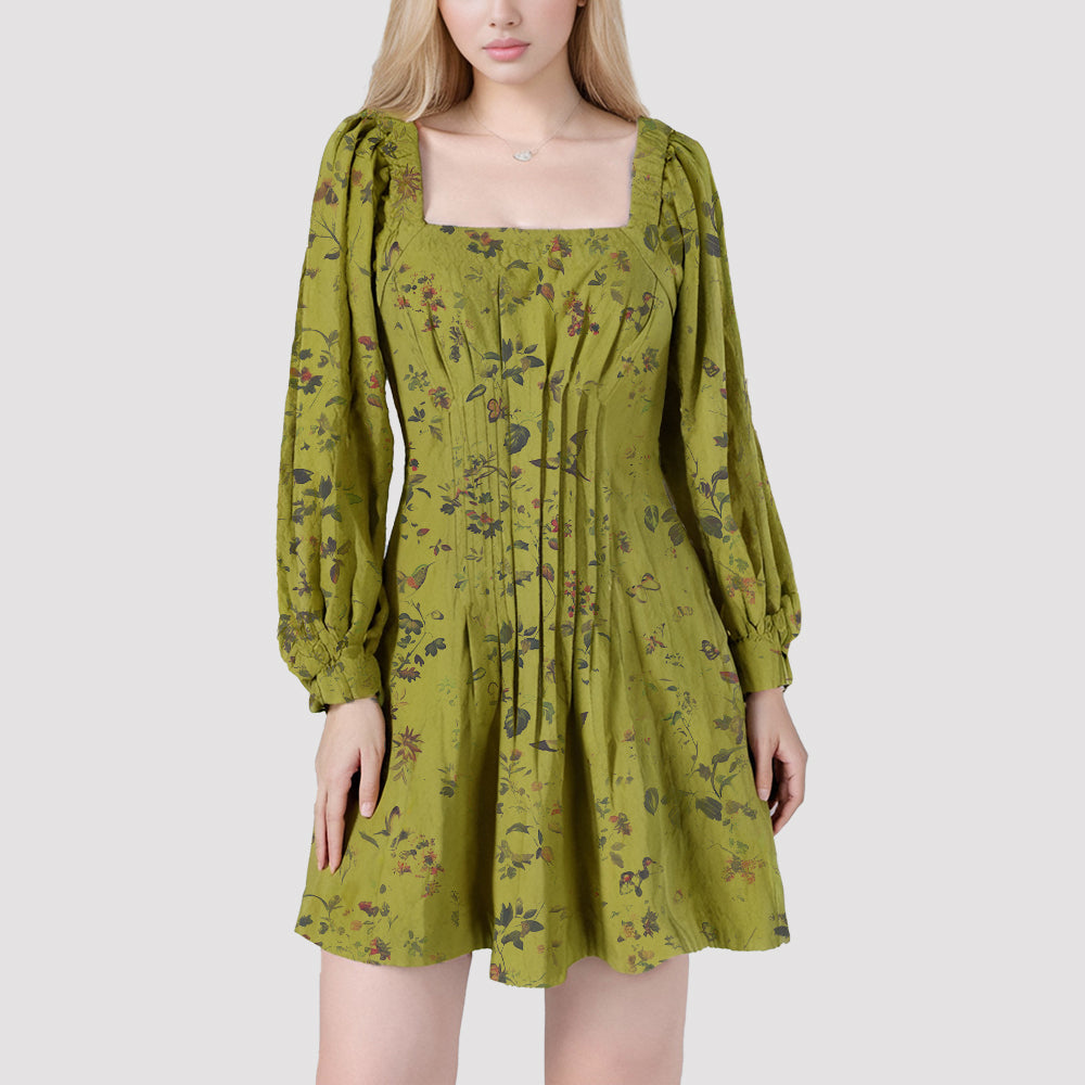 Long Sleeve smocked green floral Floral Short pleated casual Dress