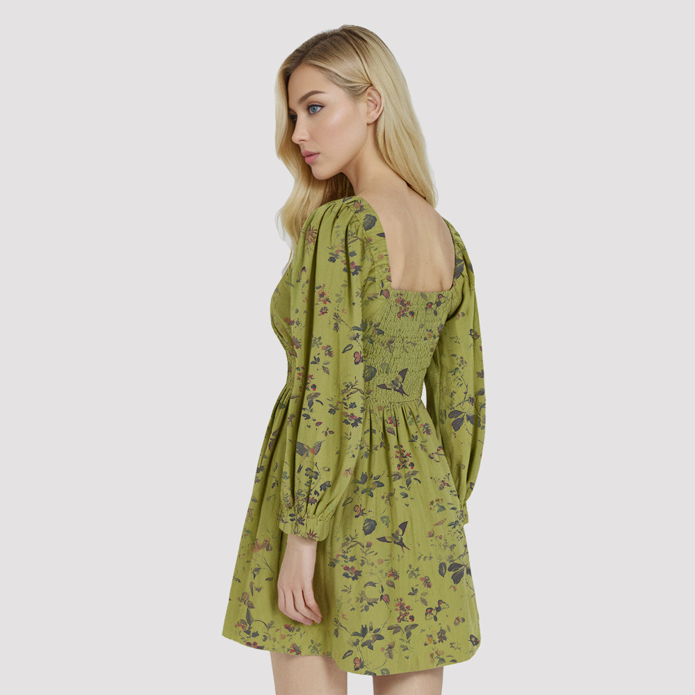 Long Sleeve smocked green floral Floral Short pleated casual Dress