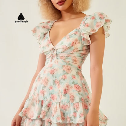 Original Design Floral casual a-line short ruffle dress