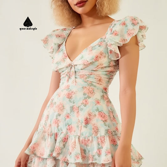 Original Design Floral casual a-line short ruffle dress