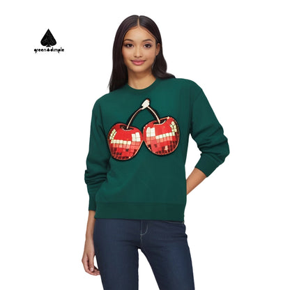 Drop Shoulder Sequin Cherry Pattern Ladies Sweatshirts