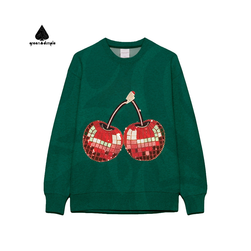 Drop Shoulder Sequin Cherry Pattern Ladies Sweatshirts