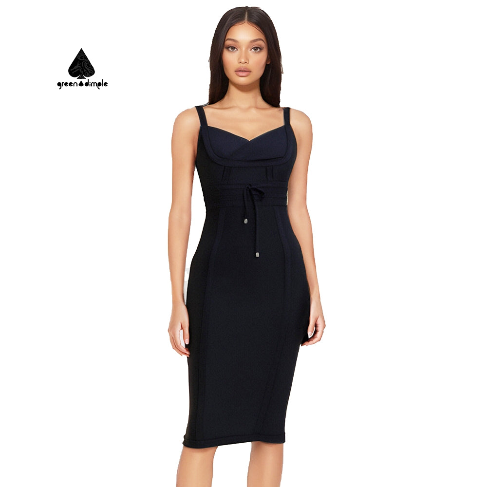 High stretchy thick black bodycon midi dress for winter