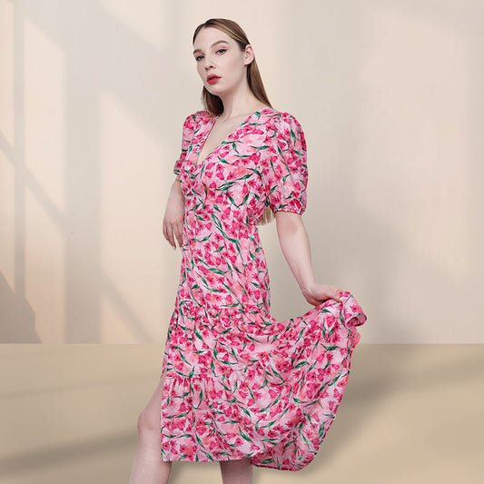 Watch Me Grow Pink Floral Print Cold-Shoulder High Dress-2
