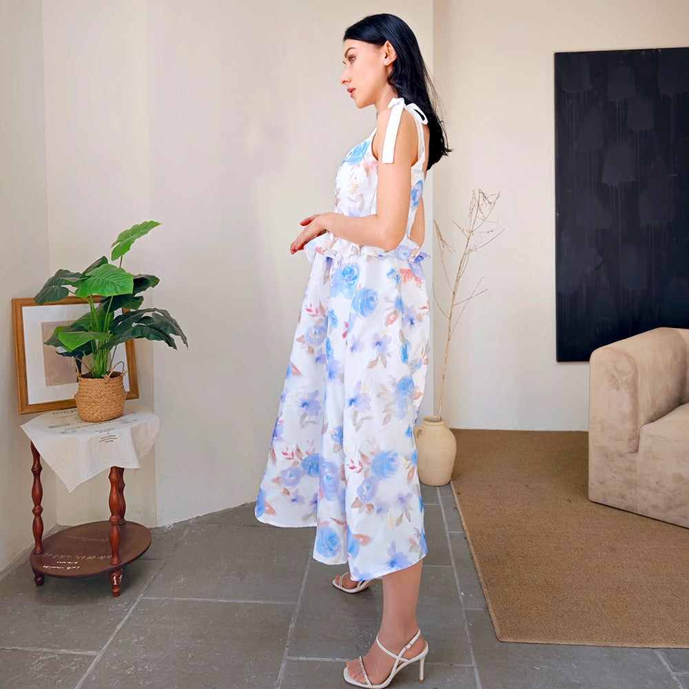 Sunny Evenings Blue Multi Lurex Flutter Sleeve Midi Dress