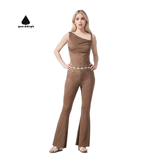 Suede fanshion Women Jumpsuit with rhinestone belt